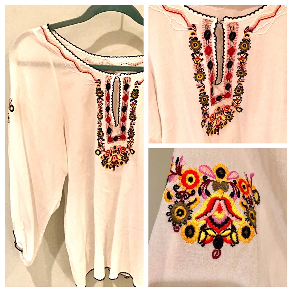 Joie White Embroidered Bubble Sleeve Tunic